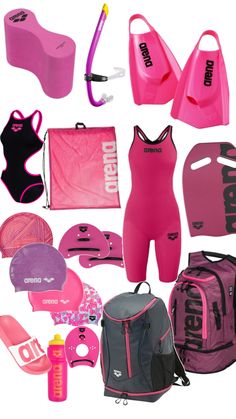 the contents of a woman's swimsuit are displayed in pink and black colors