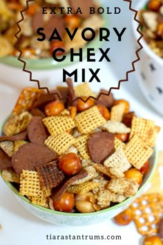 a bowl full of chex mix with the words extra bold savory chex