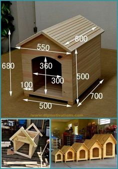 dog house plans with measurements for the top and bottom, below it is an image of how to build a dog house