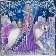 a drawing of an ice queen and two polar bears