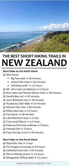 the best short hiking trails in new zealand, with text overlaying it's image