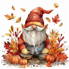 a watercolor painting of a gnome surrounded by autumn leaves