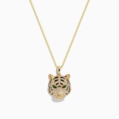 Effy Safari 14K Yellow Gold Diamond and Emerald Tiger Pendant Tiger Necklace, Tiger Pendant, Jewelry Logo, Effy Jewelry, Yellow Stone, Mixed Metals, Gold Yellow, Round Diamonds, Gold Diamond