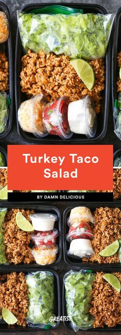 turkey taco salad with lettuce, tomatoes and other toppings in plastic containers