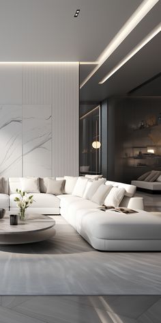 a modern living room with white furniture and marble walls