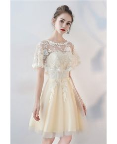 Champagne Aline Tulle Short Party Dress with Lace Cape Sleeves #BLS86063 - GemGrace.com Cream A-line Prom Dress, Cream A-line Evening Dress For Party, Spring Lace A-line Evening Dress, Fitted A-line Lace Prom Dress, Spring Banquet Lace Dress A-line, Cream Prom Dress For Summer, Beige Prom Season Evening Dress, Cream Summer Prom Dress, Beige Prom Season Dress