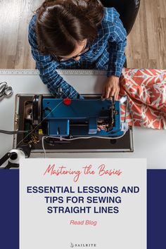 a woman sitting at a table working on a sewing machine with the title, mastering the basics