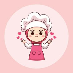 Cute and kawaii hijab female chef or baker with love sign cartoon manga chibi vector character design Logo Sticker Makanan, Template Logo Makanan, Cute Chef Illustration, Lumpia Beef, Chef Cartoon Logo, Logo Cake Design, Logo Design Makanan, Logo Snack