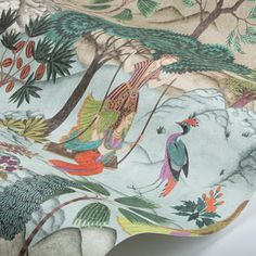 an artisticly designed wallpaper with birds and trees