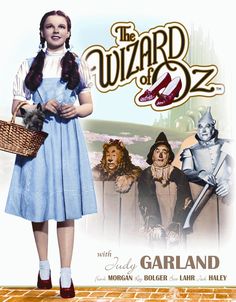 the wizard of oz movie poster with an image of a woman holding a basket and two men