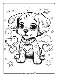 a cartoon dog with hearts and stars around it