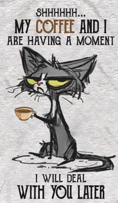 a black cat with yellow eyes is holding a coffee cup in its paws and has the words, my coffee and i are having a moment