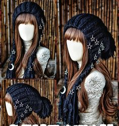 three pictures of a wig with stars and moon decorations on it, including the top half of