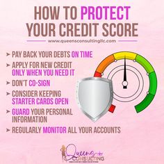 a pink background with the words how to protect your credit score and an image of a shield