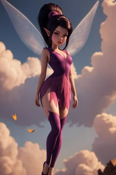 a woman dressed as a fairy standing on top of a rock in front of clouds