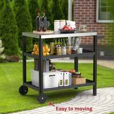 an outdoor bar cart with drinks and snacks on it