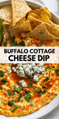 buffalo cottage cheese dip in a bowl with tortilla chips