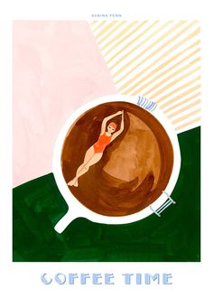 there is a woman sitting in a cup of coffee