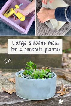 a collage of photos showing how to make a concrete mold for a concrete planter