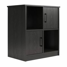 a black cabinet with three doors on the front and one door open to reveal something