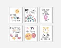 four different greeting cards with the words welcome, happy, it's time for a great new school year