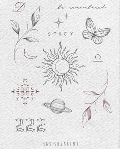 the sun, moon and other symbols are drawn on white paper with watercolor pencils