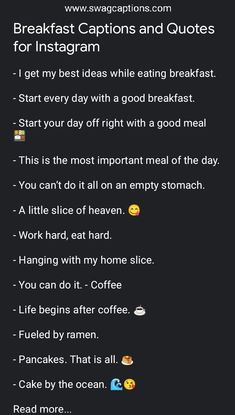 an instagram page with the words breakfast captions and quotes