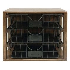 a wooden cabinet with metal baskets on the front and bottom shelves, against a white background