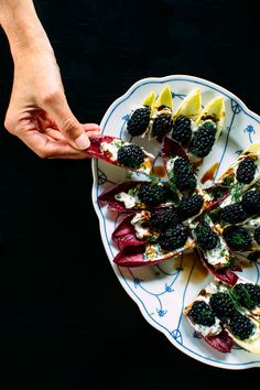 a person holding a plate with fruit and cheese appetizer on it, while another hand reaches for the platter