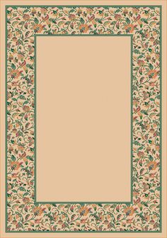 a beige and green area rug with an ornate border on the center, surrounded by flowers