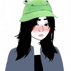 a drawing of a girl wearing a green hat