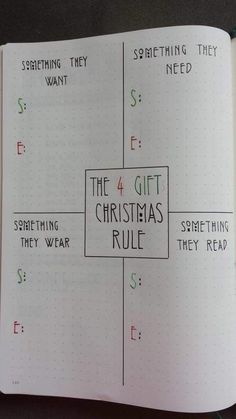 an open notebook with writing on it that says, the 4 gift christmas rules are shown