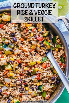 a large skillet filled with ground turkey, rice and veggie skillet