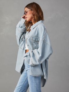 Stay fly, even on a budget! Our Rock Doll Frayed Denim Shacket takes you from 0 to 100 - real quick! This bad boy's got that fresh frayed denim look, plus plenty of pocket space so you can rock it even on the most wild of nights. (Just don't forget to come home!) Size Guide: Model is 5’7” tall, and has a 32.5” bust, 25.5” waist, & 34.8” hips. She is wearing a S / US 4 / AU 8. This shacket is true to size. Material: 100% cotton. Feature: Denim Fabrication. Collard. Frayed Hem. Long Sleeves with B Denim Style Casual, Suit Type, Moda Denim, Waist Coat, Denim Patterns, Frayed Denim, Denim Style, Maxi Dress Formal, Turndown Collar