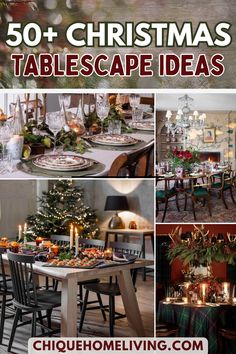 a collage of christmas tablescapes with candles and decorations