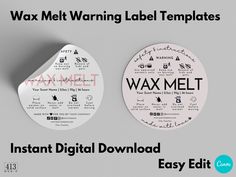 two white circular labels with the words wax melt and wax melt on them, next to each other