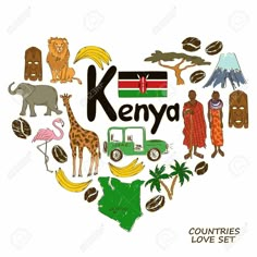 kenya in the shape of a heart filled with different country symbols and icons stock photo