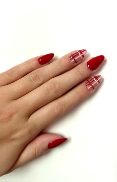 Plaid nails that I did myself :) #plaid #plaidnails #plaidfallnails #fallnails #christmasnails #almondnails #rednails #acrylicnaildesigns #gelnails #diynailsathome Plade Nails Christmas, X Mad Nails, Christmas Nails Red Plaid, Red And White Plaid Nails, Flannel Nails Christmas, Xmas Plaid Nails, Acrylic Xmas Nails, Plaid Xmas Nails, How To Do Plaid Nails