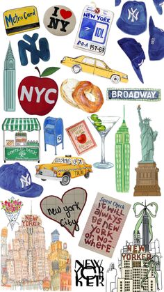 the new york city skyline is depicted in this collage with many different things on it