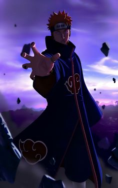 naruto is holding his hand up in the air with purple clouds behind him