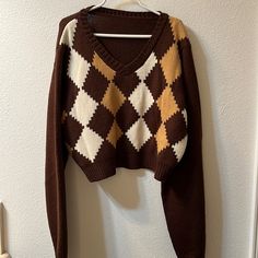 Shein Brown Argyle Pattern Crop Sweater Never Worn Shein Sweater, Argyle Pattern, Crop Sweater, Brown Sweater, Cropped Sweater, Sweaters For Women, V Neck, Pattern, Women Shopping