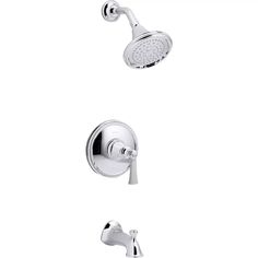 the shower faucet is shown in chrome