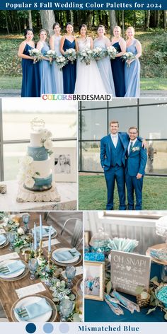 a collage of photos with blue and white wedding colors in the same color scheme