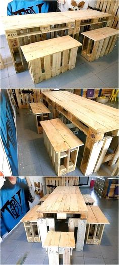 some wooden pallet tables and benches made out of wood