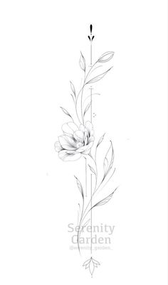 a black and white drawing of flowers on a white background with the words serenity garden above it