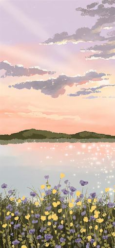 a painting of flowers in the foreground and water in the background with pink clouds