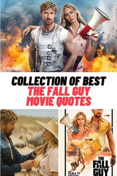 the movie poster for the fall guy starring actors from left to right, and an image of a woman holding a megaphone