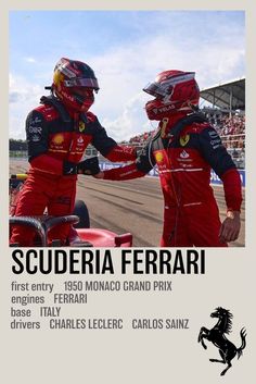 two men shaking hands in front of a race track with the words scuderia ferrari