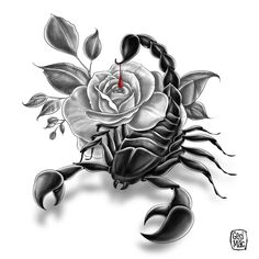 a scorpion with a rose tattoo design on it's back