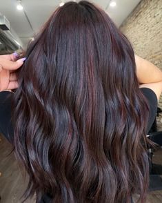 Dark Hair Color Ideas With Red Undertones, Dark Red Hair Color For Brunettes, Cherry Black Balayage, Dark Cherry Black Hair Color, Midnight Cherry Hair Color, Chocolate Cherry Highlights On Black Hair, Black Cherry Coke Hair Color, Cherry Wood Hair Color, Hair Dye Colors For Dark Hair